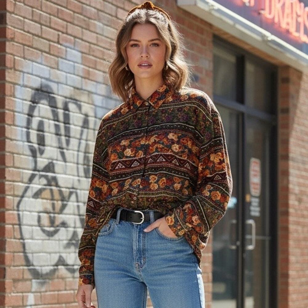 Vintage 90s Lizwear Rayon Floral Button‑Down Shirt